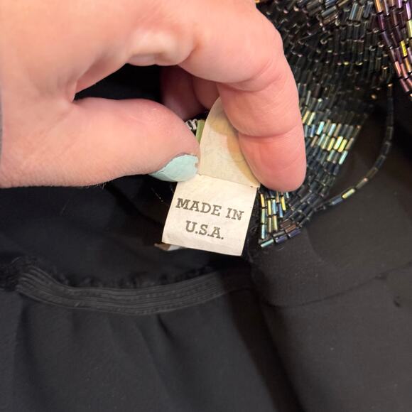 VTG Denise Fashions Blouse M Black Pleated Surplice Sheer Batwing Beaded Hem USA - Picture 4 of 10